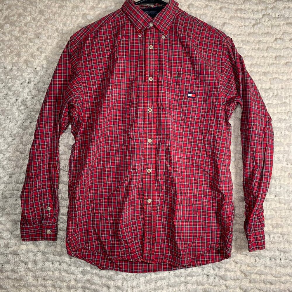 TOMMY HILFIGER MENS‎ XL PLAID BUTTON DOWN LONG SLEEVE SHIRT COLLAR RED HOLIDAY